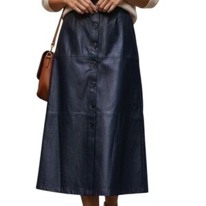 Faux Leather Flowing Midi Skirt Full Front Button Black